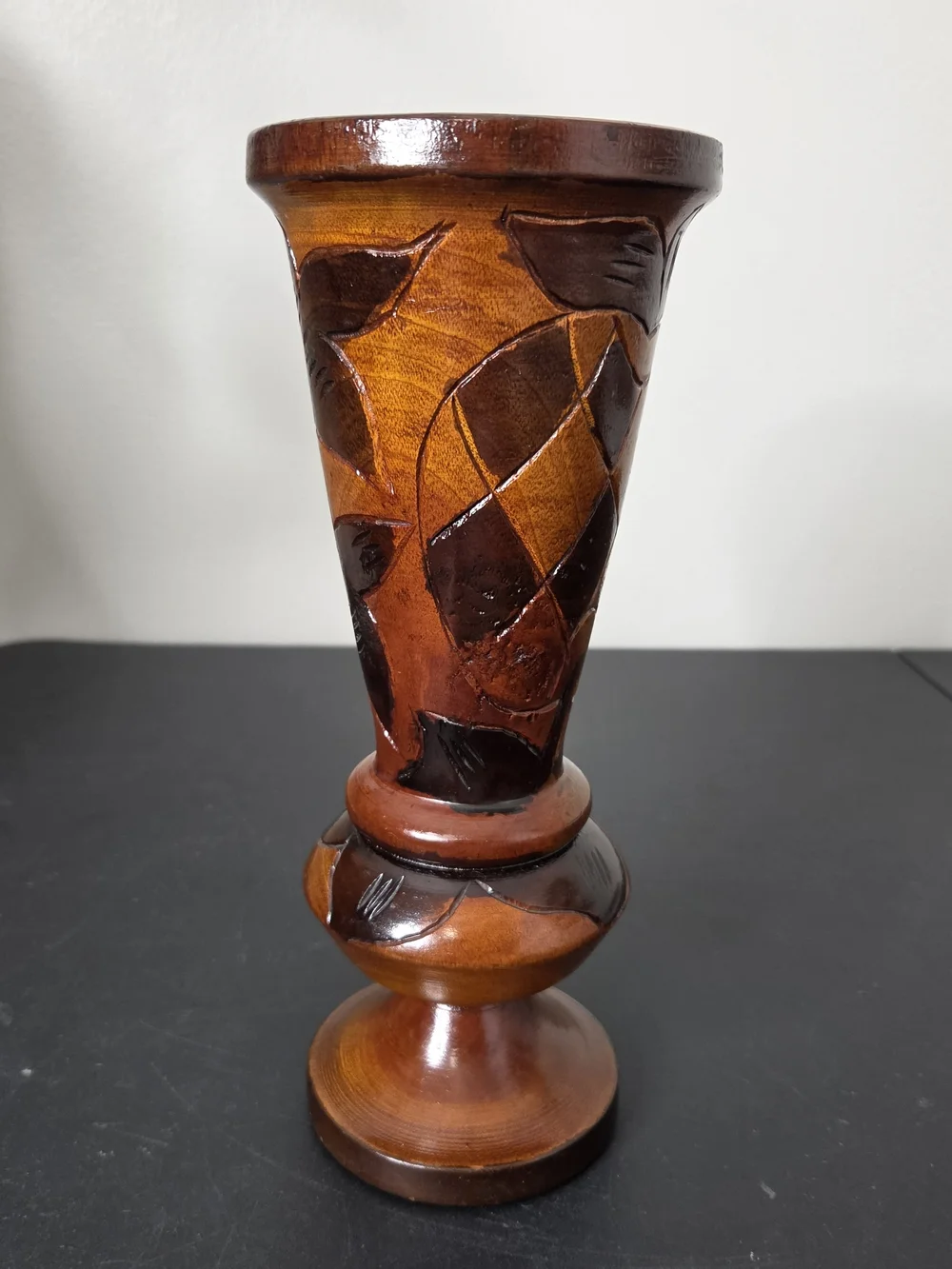 Hand-Carved Wooden Pedestal Vase - Fruit? With Leaves 11